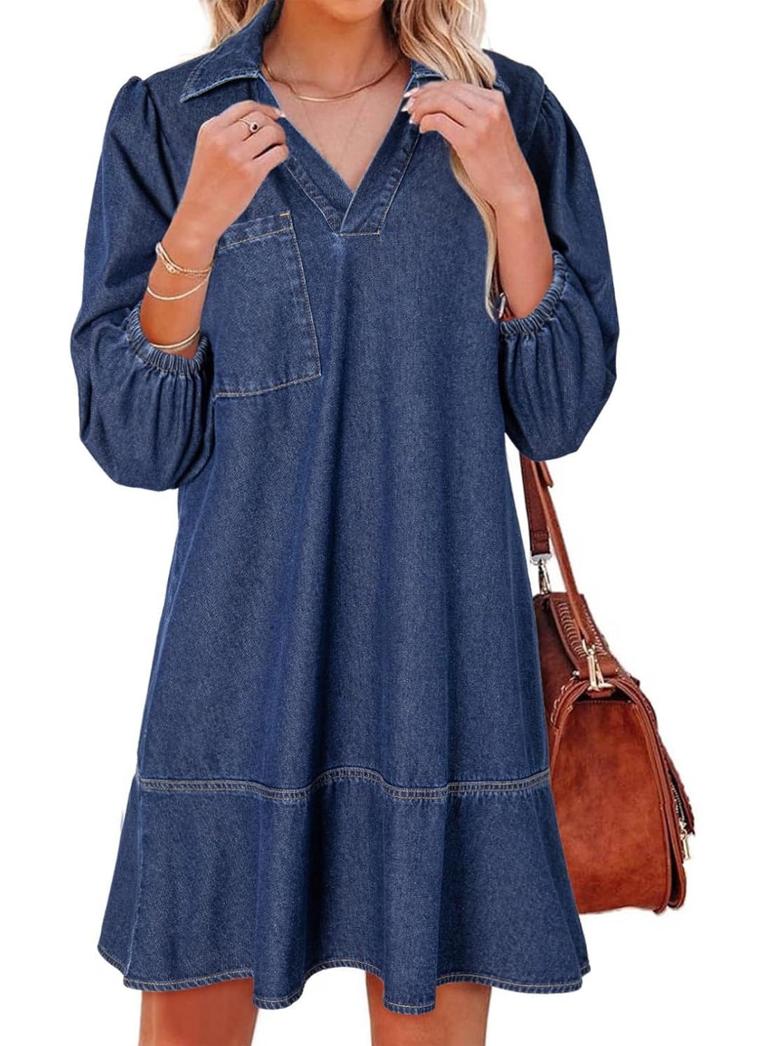 ✨Women's V-neck Puff Sleeve Denim Layered Dress(BUY 2 FREE SHIPPING)
