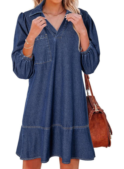 ✨Women's V-neck Puff Sleeve Denim Layered Dress(BUY 2 FREE SHIPPING)
