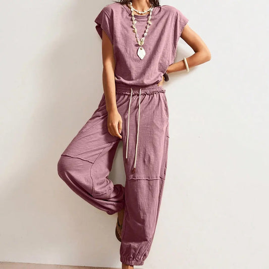 Women's Casual Sleeveless One Piece Jumpsuits Crewneck Cap Sleeve Drawstring Romper Springfresh One Piece Outfits with Pockets