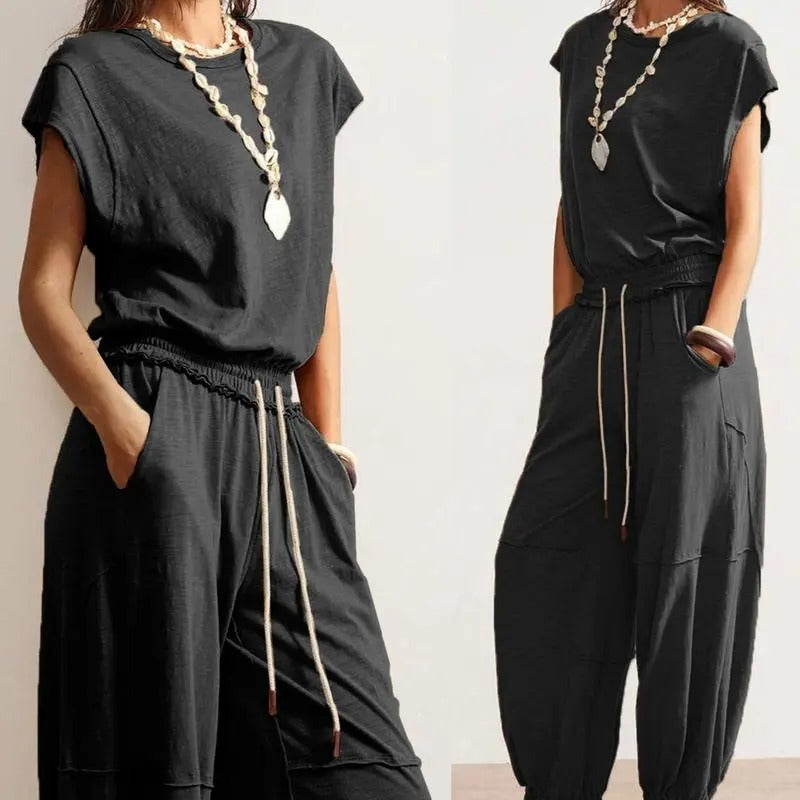 Women's Casual Sleeveless One Piece Jumpsuits Crewneck Cap Sleeve Drawstring Romper Springfresh One Piece Outfits with Pockets