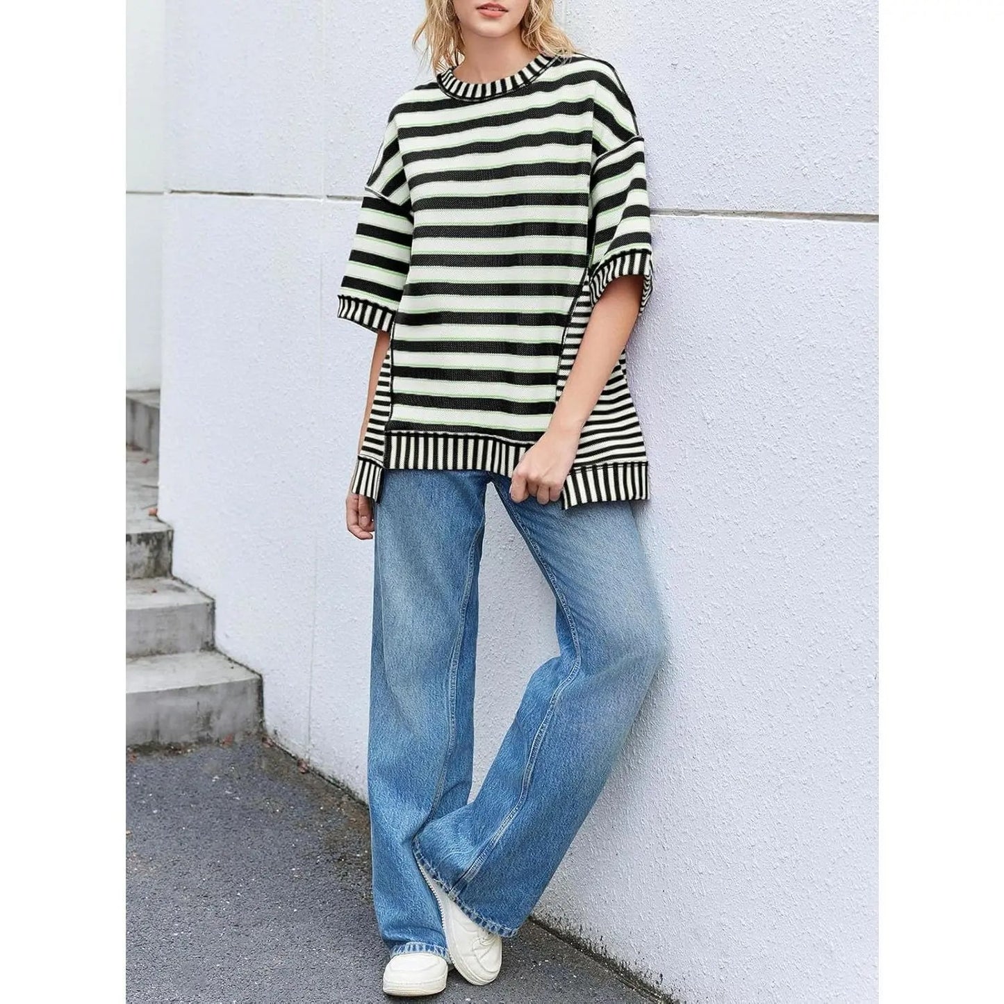 Womens Oversized Striped Shirt Summer Half Sleeve Tops Crew Neck Sweatshirts Casual Blouse