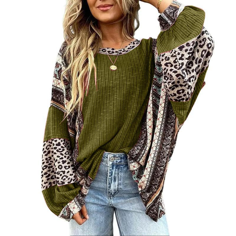 Womens Loose fit Long Sleeve Oversized Retro Leopard Contrast Patchwork Top