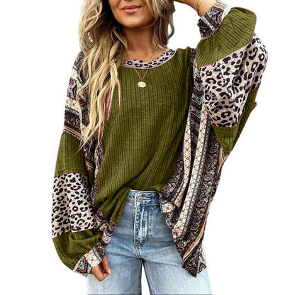 Womens Loose fit Long Sleeve Oversized Retro Leopard Contrast Patchwork Top