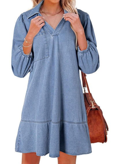 ✨Women's V-neck Puff Sleeve Denim Layered Dress(BUY 2 FREE SHIPPING)
