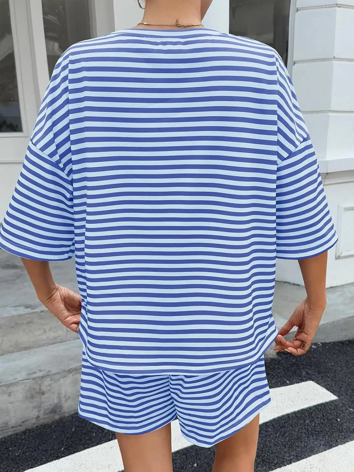 Womens Striped Short Sets 2 Piece Outfits Sweatsuits 3/4 Sleeve Pajamas Casual Lounge Sets