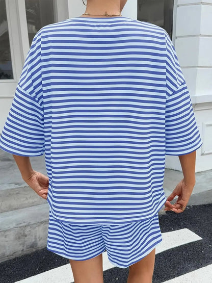 Womens Striped Short Sets 2 Piece Outfits Sweatsuits 3/4 Sleeve Pajamas Casual Lounge Sets