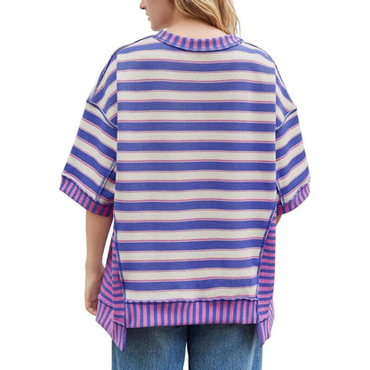 Womens Oversized Striped Shirt Summer Half Sleeve Tops Crew Neck Sweatshirts Casual Blouse