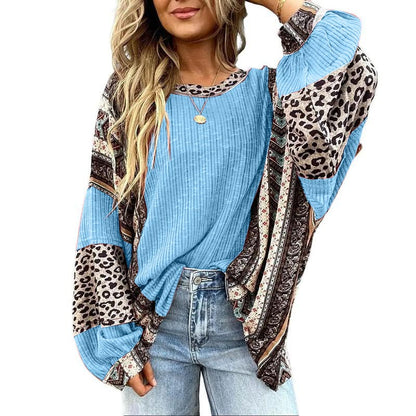 Womens Loose fit Long Sleeve Oversized Retro Leopard Contrast Patchwork Top