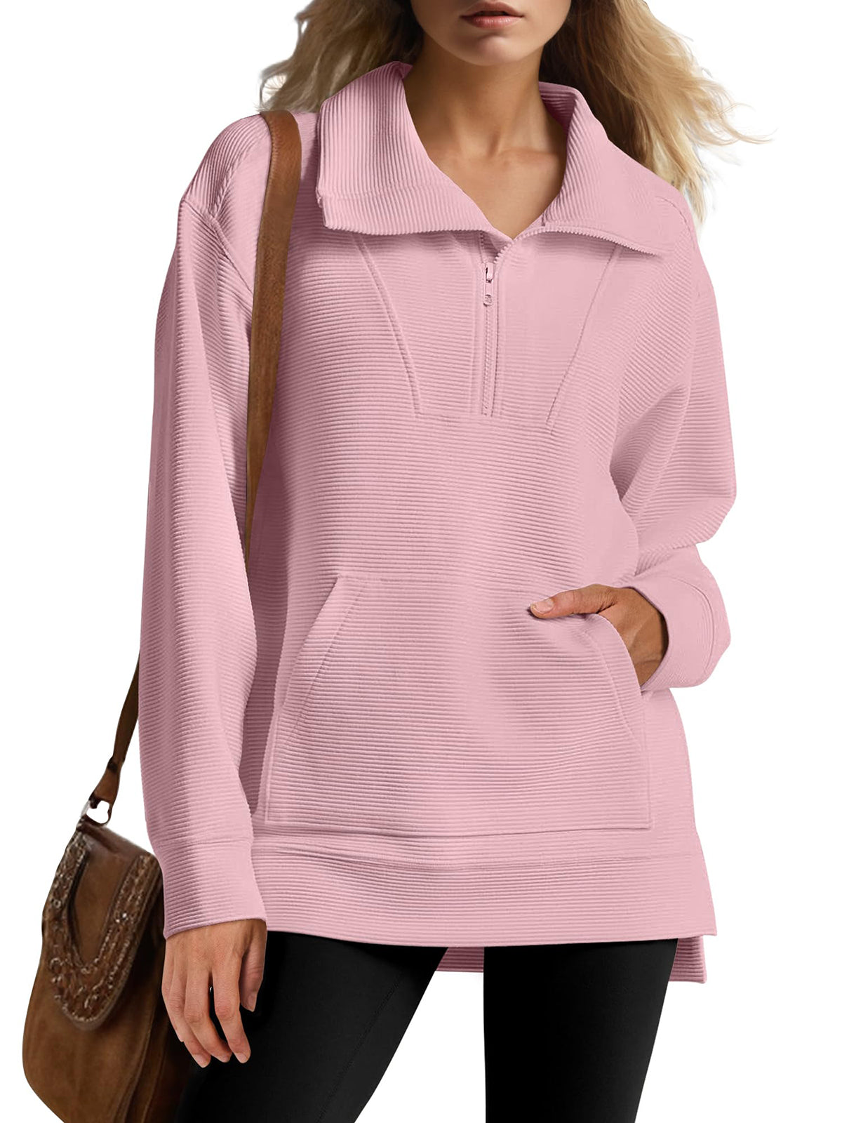 Women's Oversized High Neck Half Zip Knit Sweatshirt (Buy 2 Free Shipping)