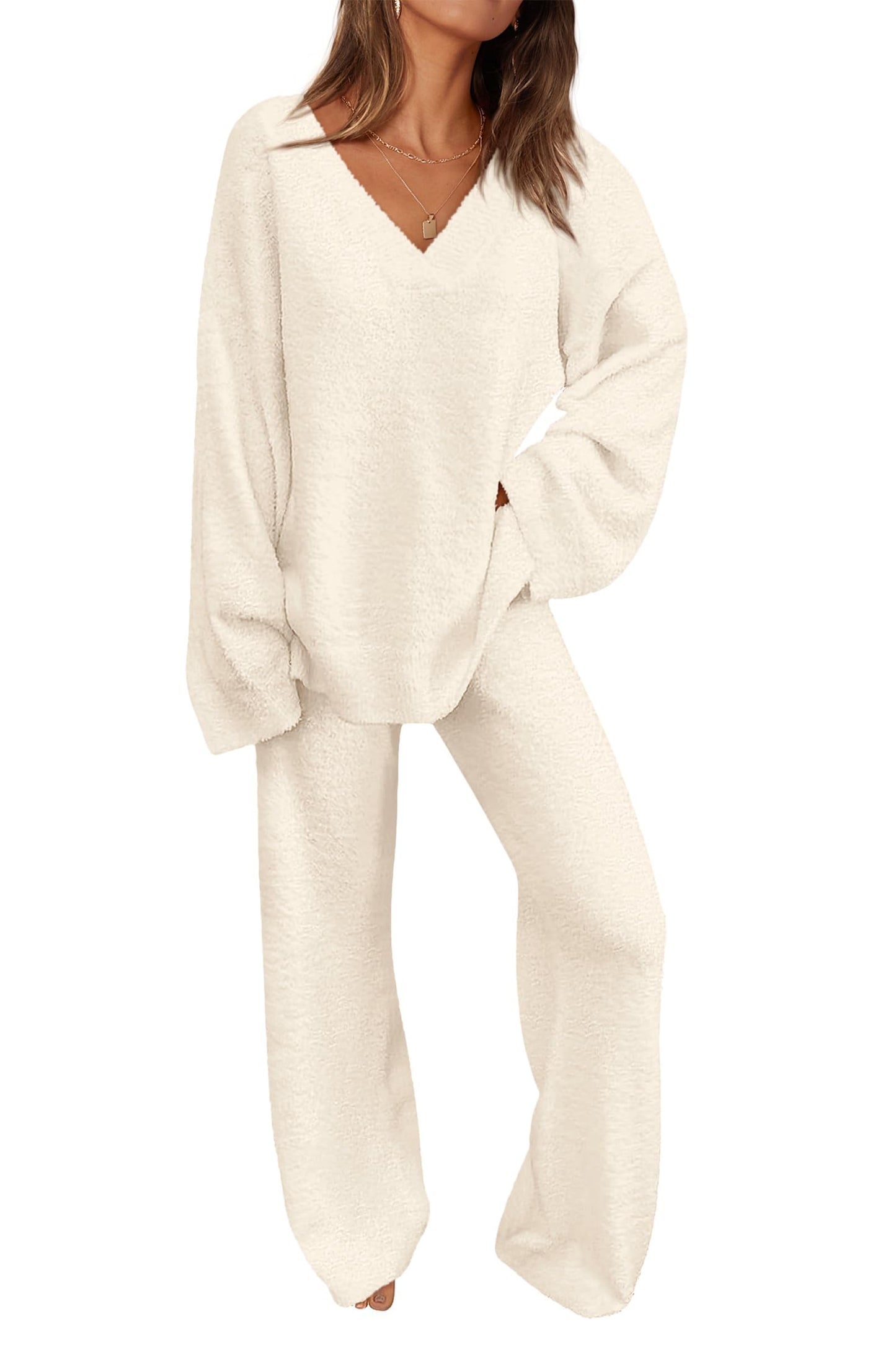 ✨Women's 2 Piece Oversized V Neck Pullover Sweater Fuzzy Lounge Set (Buy 2 Free Shipping)