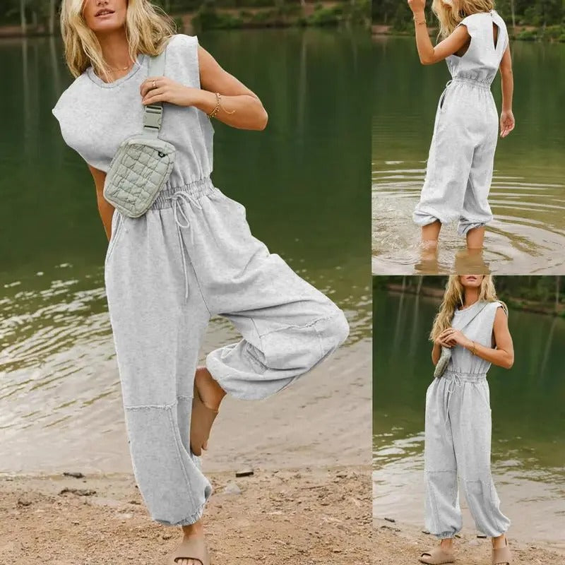 Women's Casual Sleeveless One Piece Jumpsuits Crewneck Cap Sleeve Drawstring Romper Springfresh One Piece Outfits with Pockets