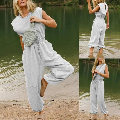 Women's Casual Sleeveless One Piece Jumpsuits Crewneck Cap Sleeve Drawstring Romper Springfresh One Piece Outfits with Pockets