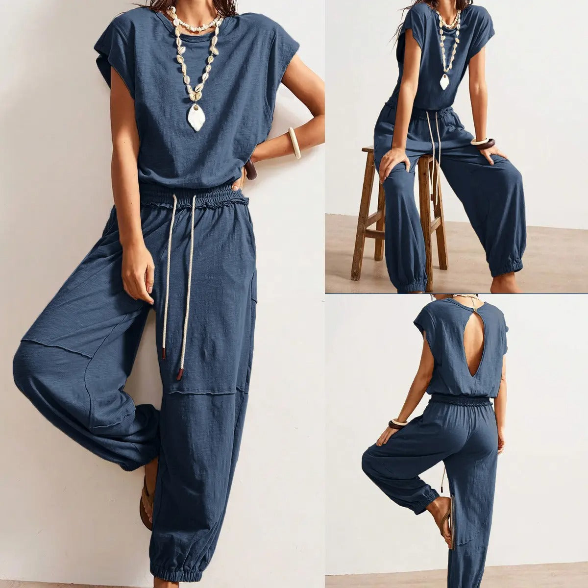 Women's Casual Sleeveless One Piece Jumpsuits Crewneck Cap Sleeve Drawstring Romper Springfresh One Piece Outfits with Pockets