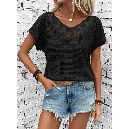 Waffle Knit Hollow Out Lace Tops