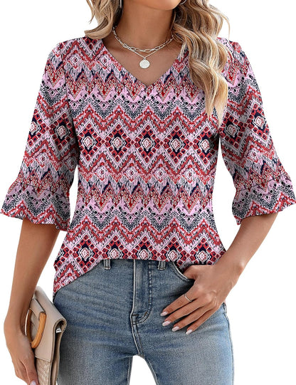 ✨Womens 3/4 Length Sleeve V-Neck Eyelet Casual Ruffle Sleeve Tunic Blouses(Buy 3 Free Shipping)