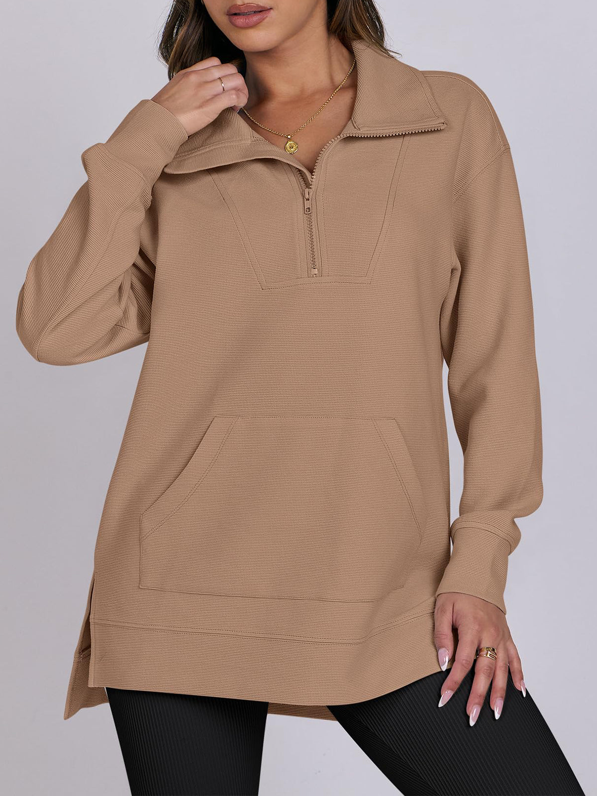 Women's Oversized High Neck Half Zip Knit Sweatshirt (Buy 2 Free Shipping)