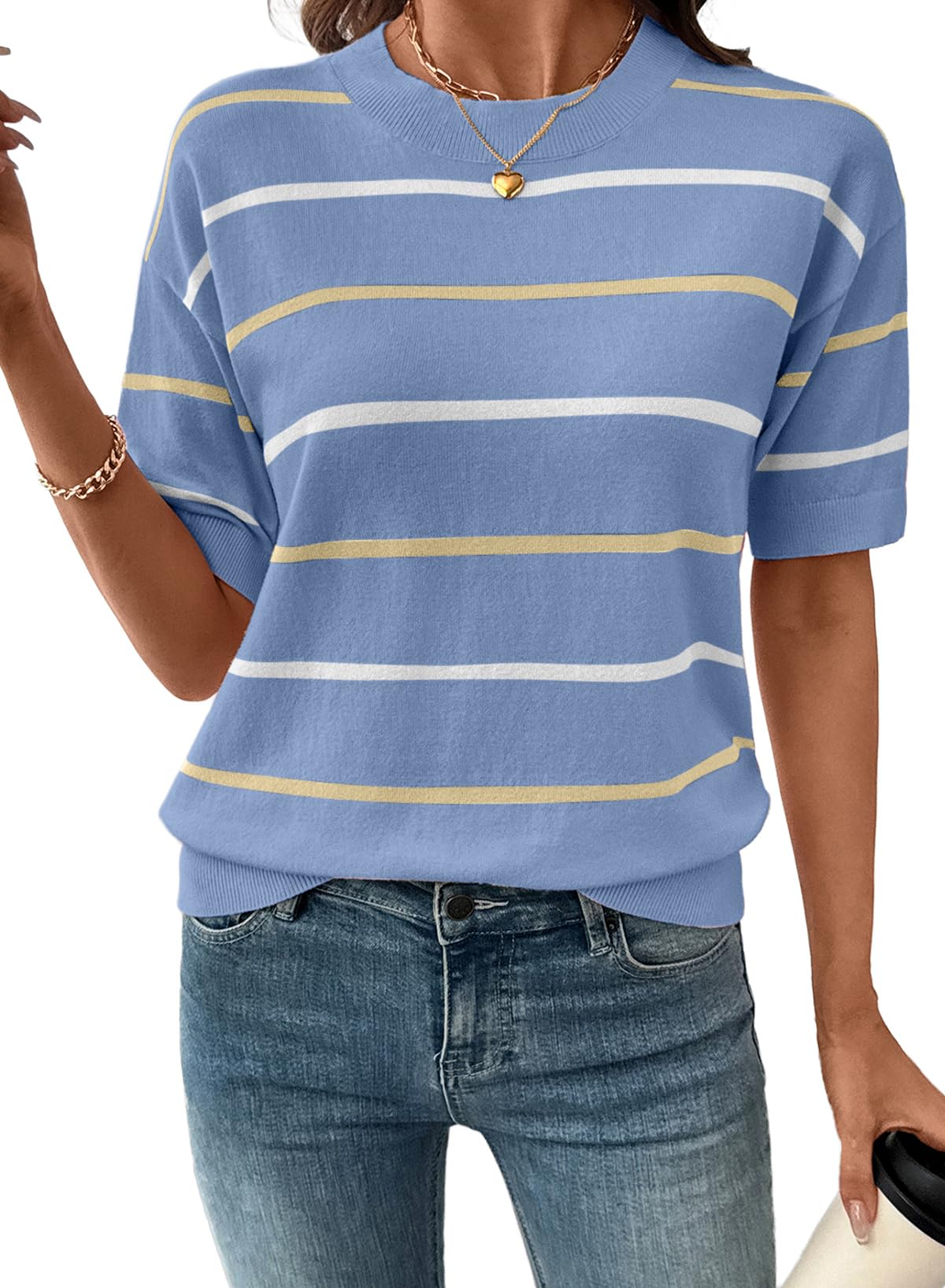 Womens Tops Crewneck Short Sleeve Sweater Pullover Knit Striped Shirt Spring Outfits for Women 2026