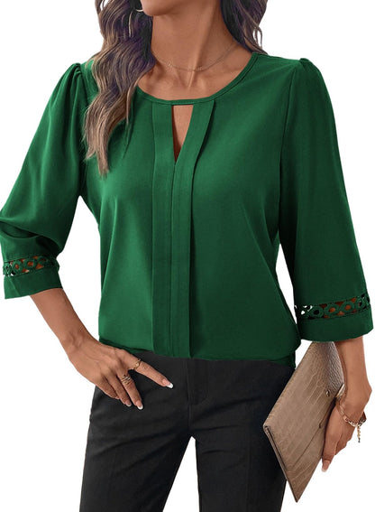 Womens 3/4 Sleeve Tops Dressy Blouses Crewneck Business Casual Office Shirts Clothes