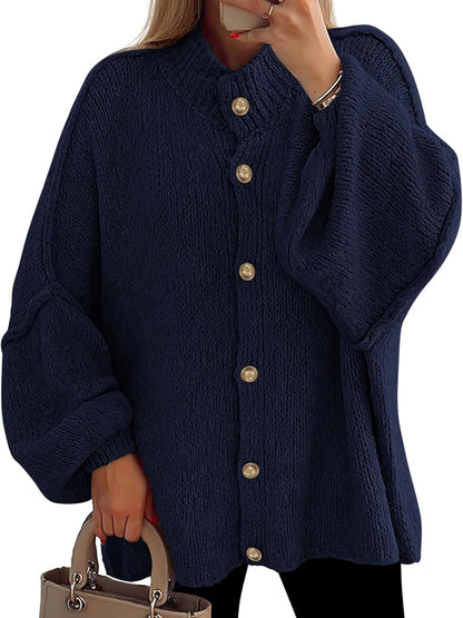 Women's Mock Neck Lantern Long Sleeve Button Down Cardigan Sweater