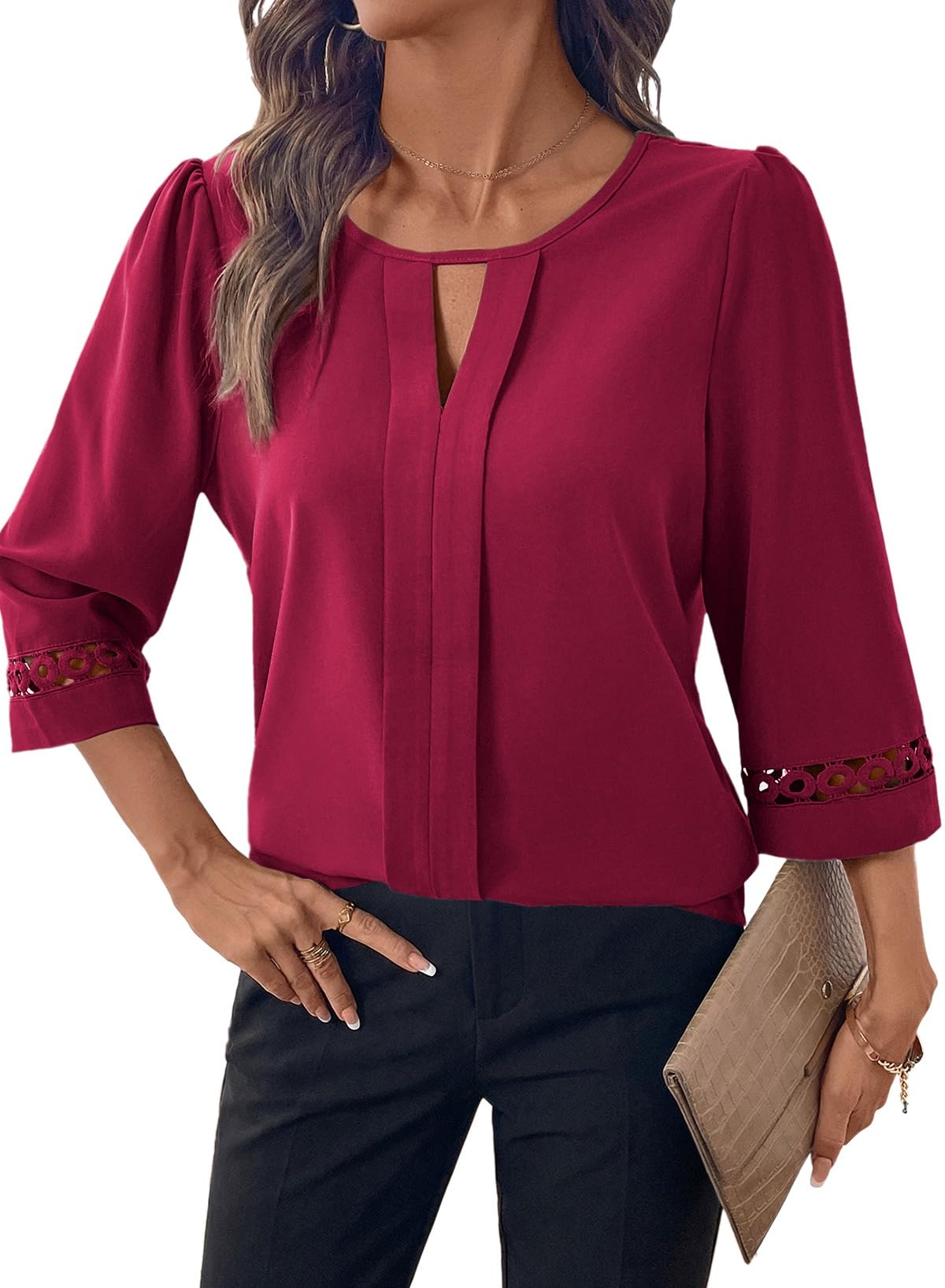 Womens 3/4 Sleeve Tops Dressy Blouses Crewneck Business Casual Office Shirts Clothes
