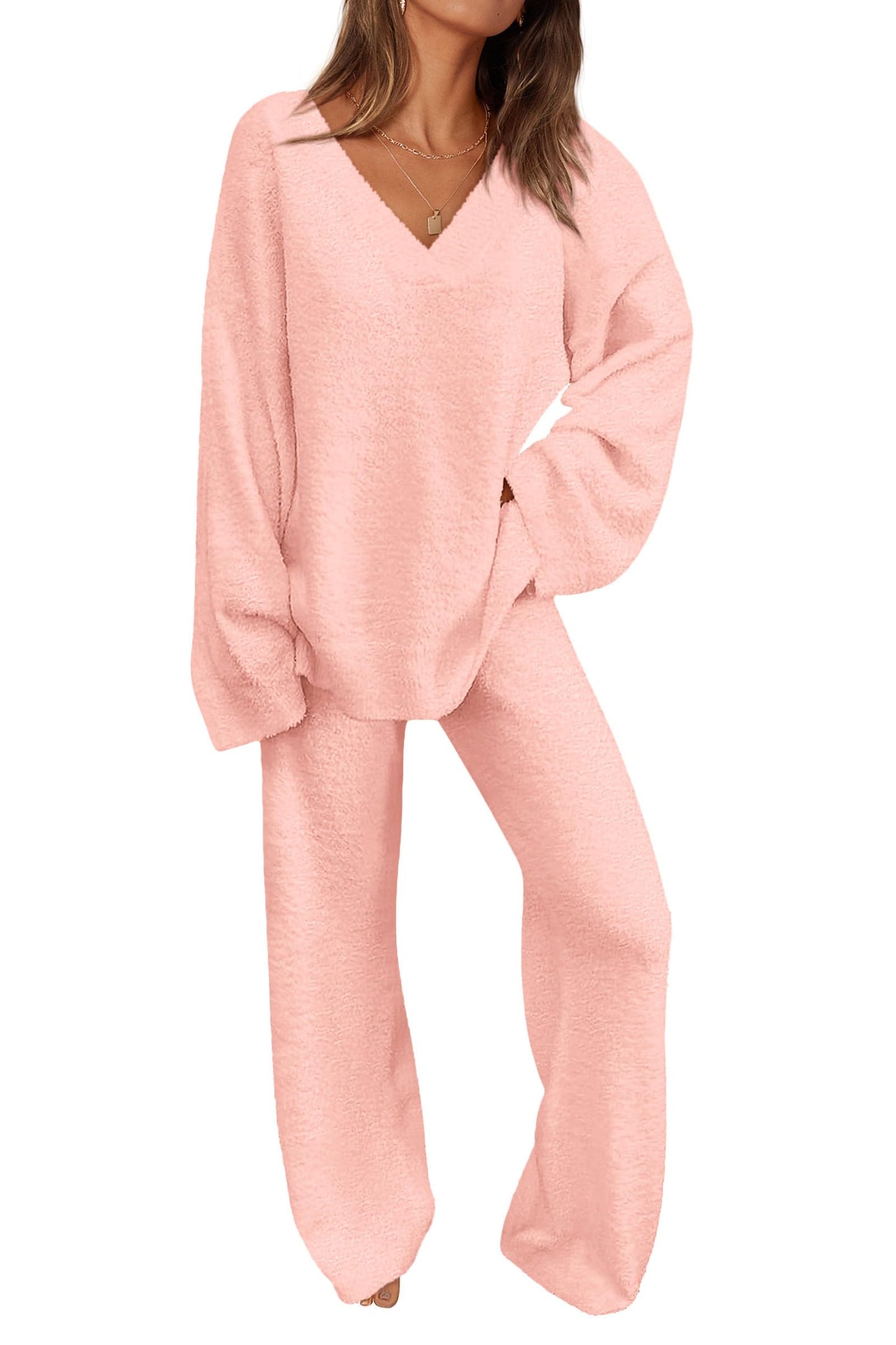✨Women's 2 Piece Oversized V Neck Pullover Sweater Fuzzy Lounge Set (Buy 2 Free Shipping)