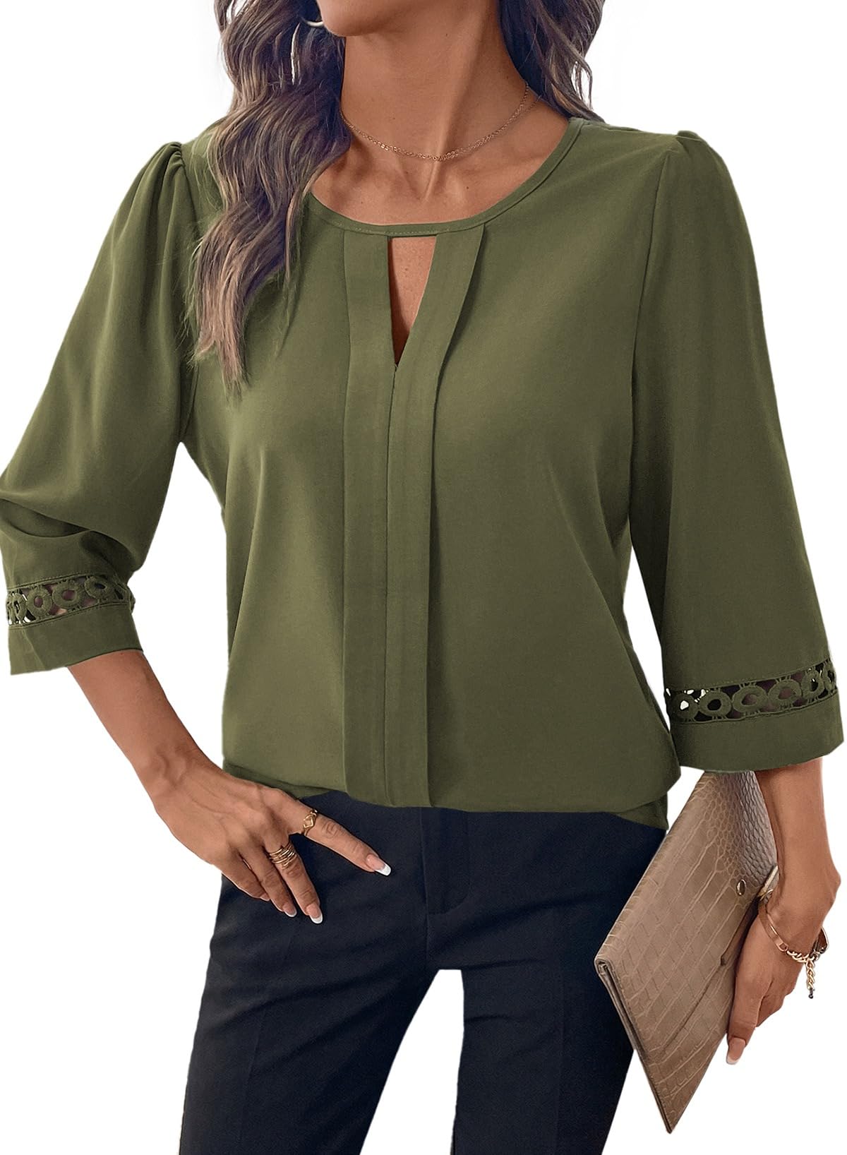 Womens 3/4 Sleeve Tops Dressy Blouses Crewneck Business Casual Office Shirts Clothes