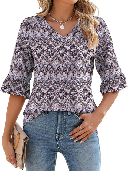 ✨Womens 3/4 Length Sleeve V-Neck Eyelet Casual Ruffle Sleeve Tunic Blouses(Buy 3 Free Shipping)