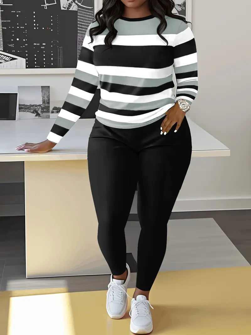 Women's Casual Striped Crew Neck Sweater & Solid Color Pants Set