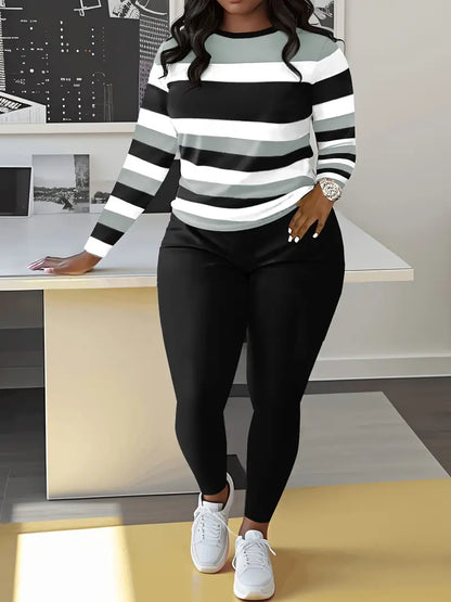 Women's Casual Striped Crew Neck Sweater & Solid Color Pants Set