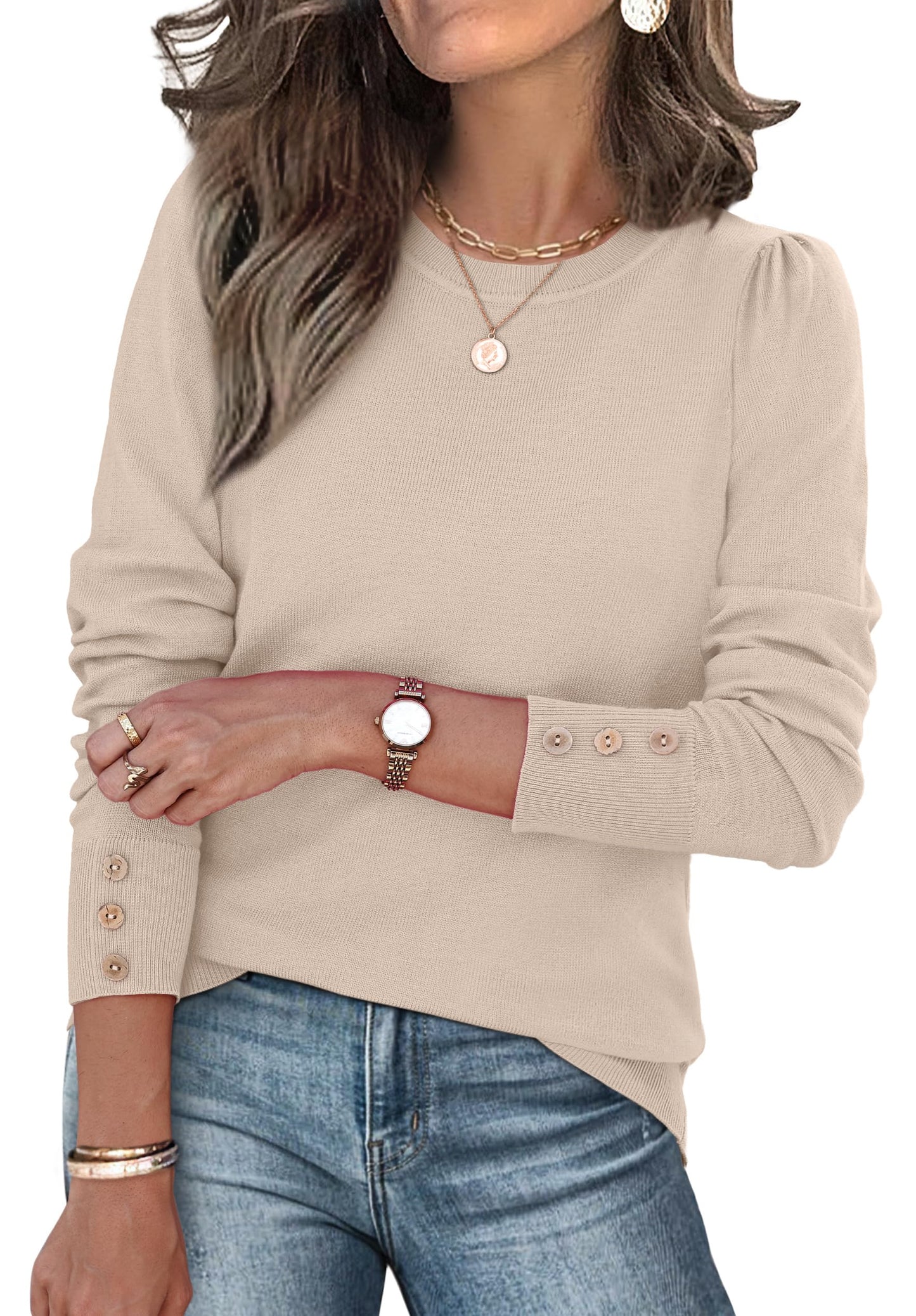 Long Sleeve Button Cuff Soft Knit Pullover Trendy Tops