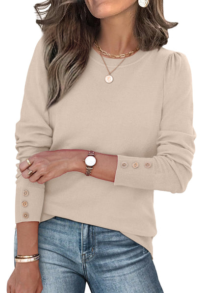 Long Sleeve Button Cuff Soft Knit Pullover Trendy Tops
