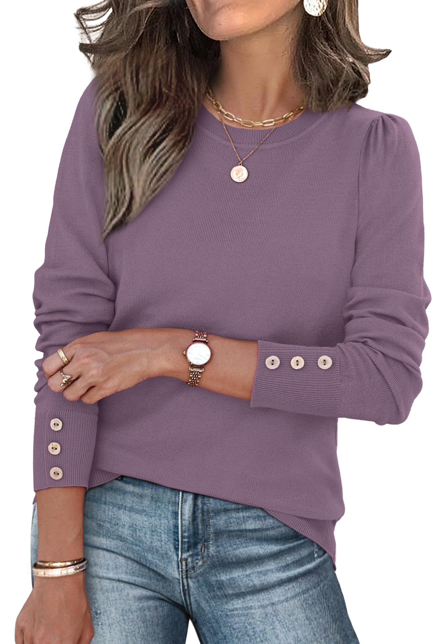 Long Sleeve Button Cuff Soft Knit Pullover Trendy Tops