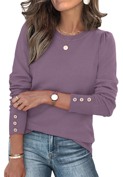 Long Sleeve Button Cuff Soft Knit Pullover Trendy Tops