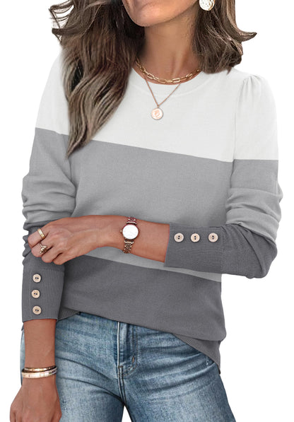 Long Sleeve Button Cuff Soft Knit Pullover Trendy Tops