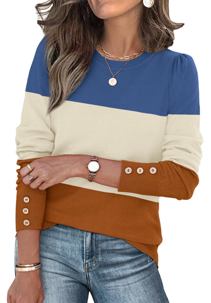 Long Sleeve Button Cuff Soft Knit Pullover Trendy Tops