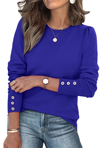 Long Sleeve Button Cuff Soft Knit Pullover Trendy Tops