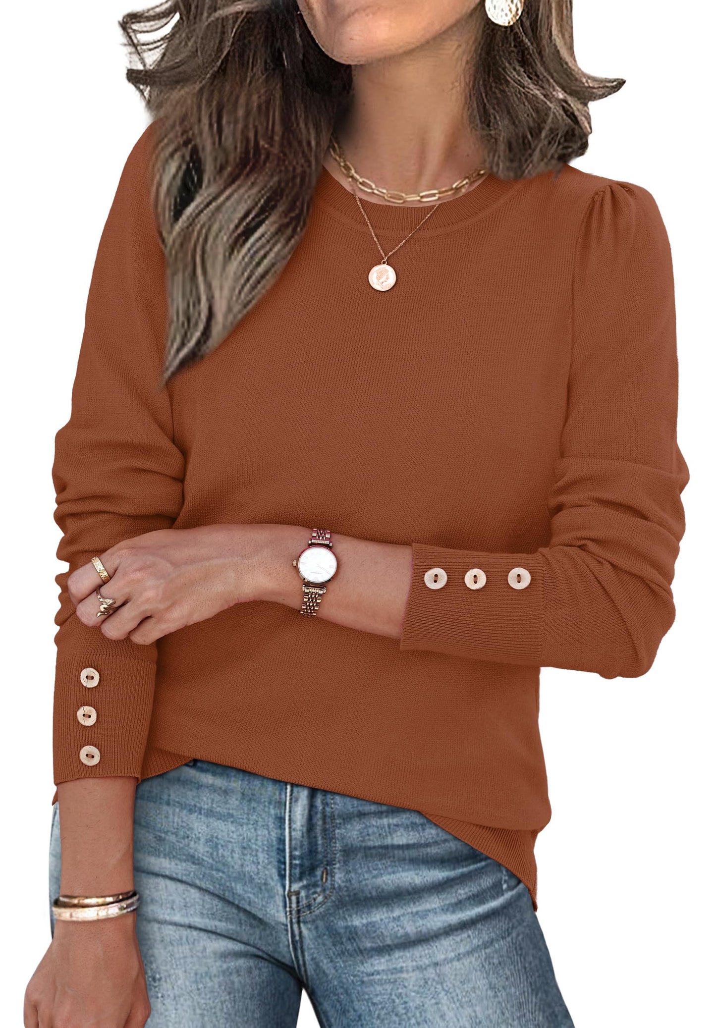 Long Sleeve Button Cuff Soft Knit Pullover Trendy Tops