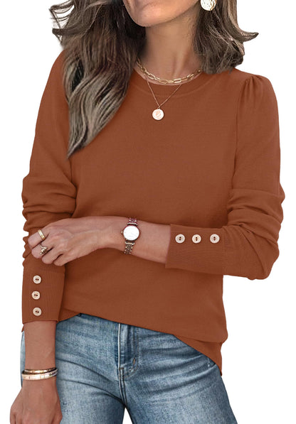 Long Sleeve Button Cuff Soft Knit Pullover Trendy Tops