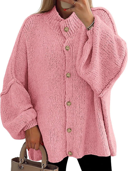 Women's Mock Neck Lantern Long Sleeve Button Down Cardigan Sweater