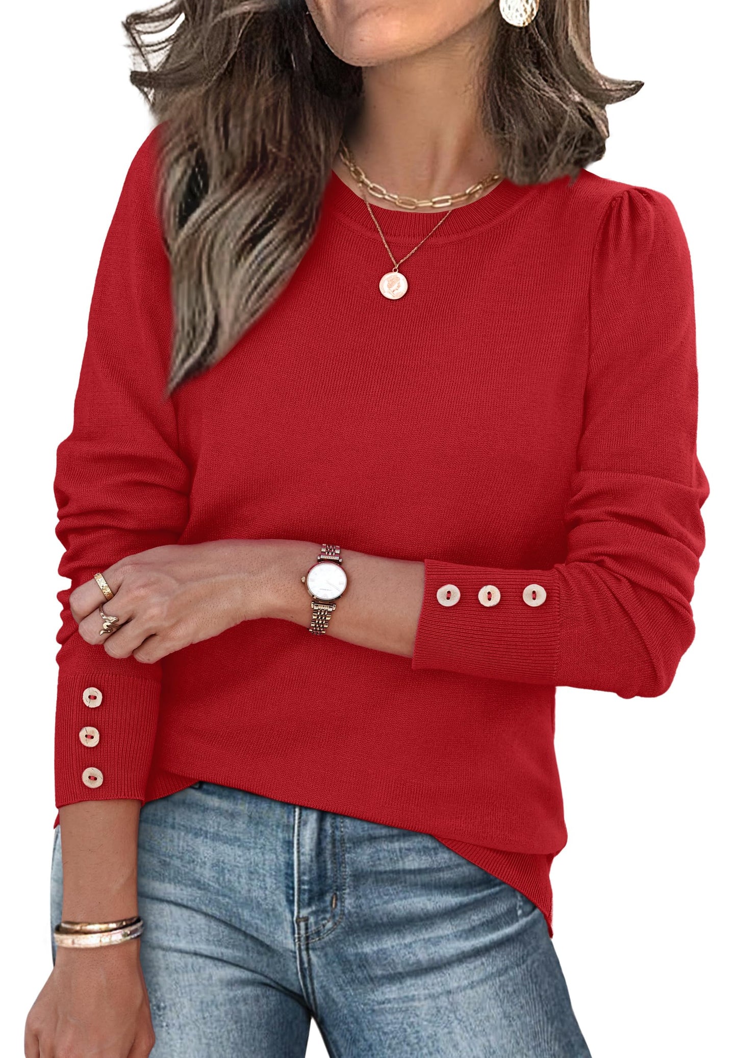 Long Sleeve Button Cuff Soft Knit Pullover Trendy Tops