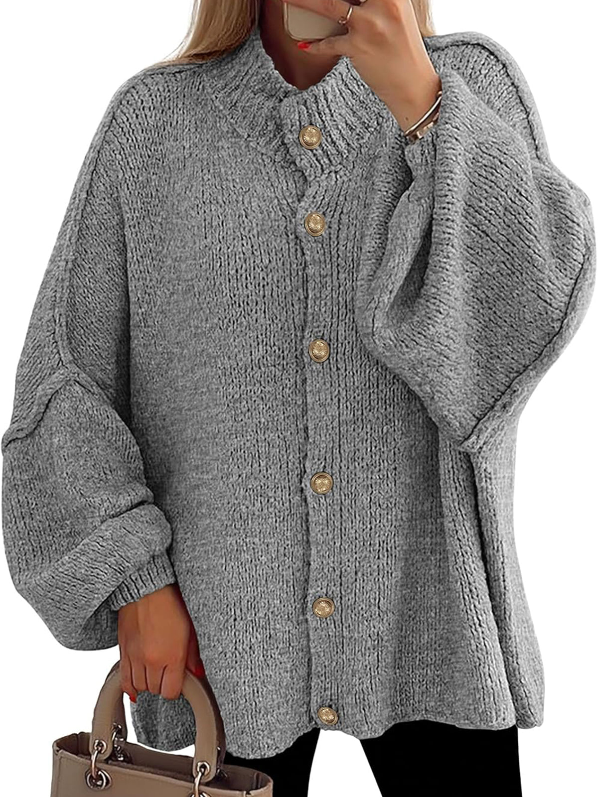 Women's Mock Neck Lantern Long Sleeve Button Down Cardigan Sweater