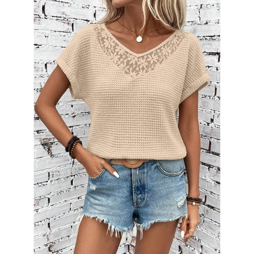 Waffle Knit Hollow Out Lace Tops