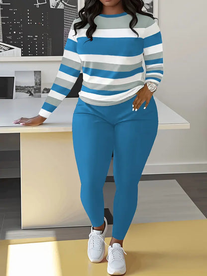 Women's Casual Striped Crew Neck Sweater & Solid Color Pants Set