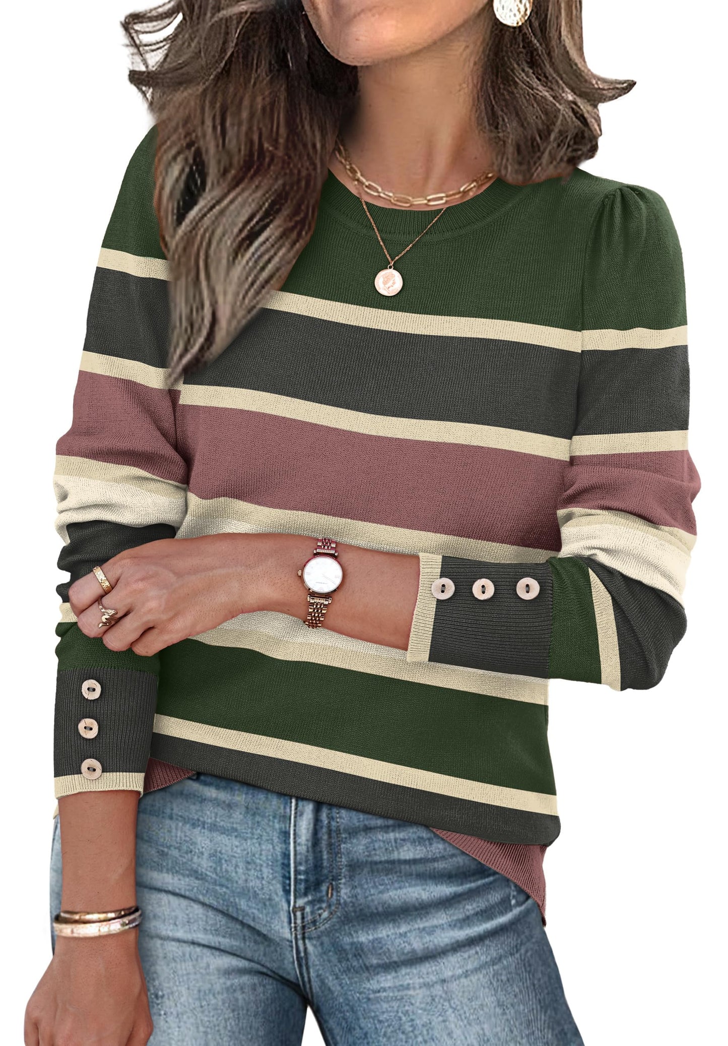 Long Sleeve Button Cuff Soft Knit Pullover Trendy Tops
