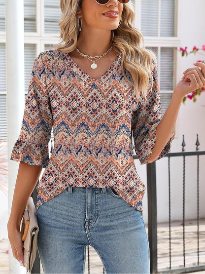 ✨Womens 3/4 Length Sleeve V-Neck Eyelet Casual Ruffle Sleeve Tunic Blouses(Buy 3 Free Shipping)