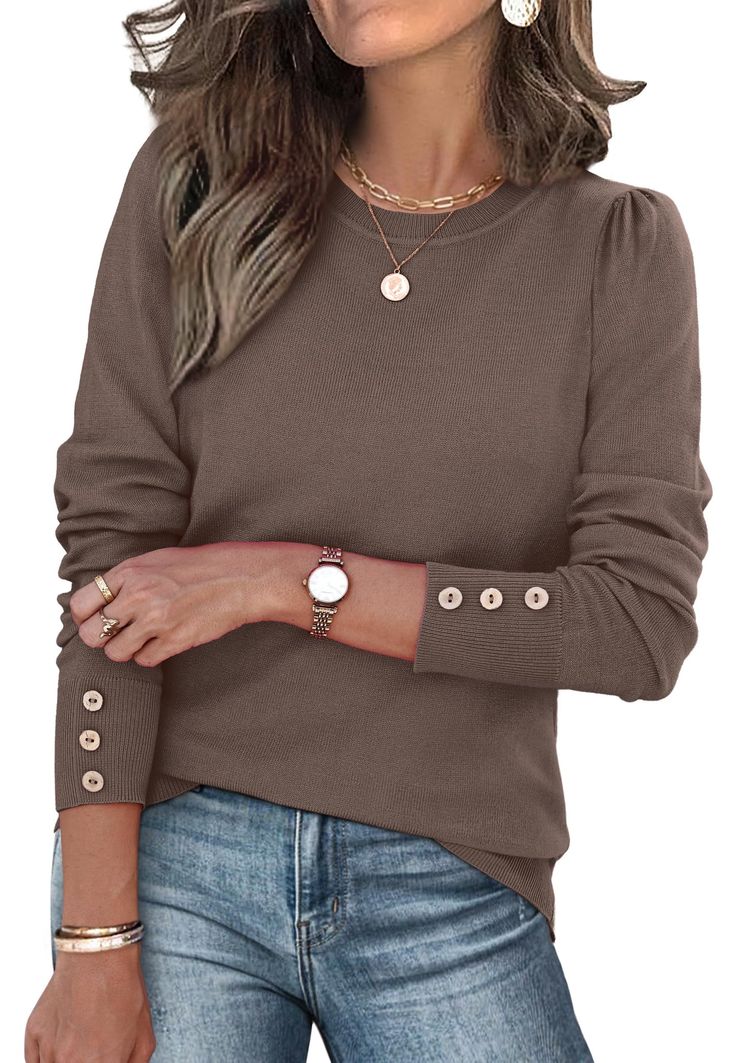 Long Sleeve Button Cuff Soft Knit Pullover Trendy Tops