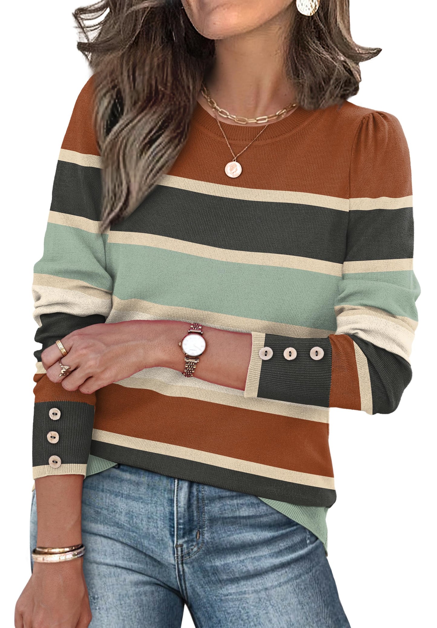 Long Sleeve Button Cuff Soft Knit Pullover Trendy Tops