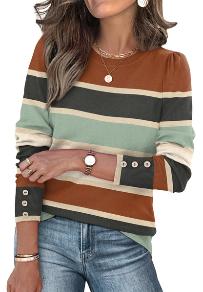 Long Sleeve Button Cuff Soft Knit Pullover Trendy Tops