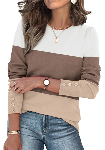 Long Sleeve Button Cuff Soft Knit Pullover Trendy Tops