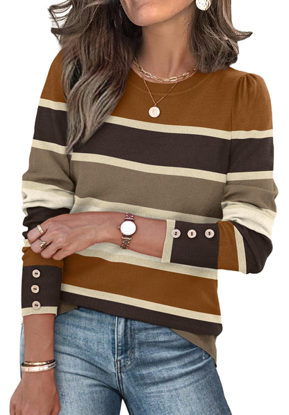 Long Sleeve Button Cuff Soft Knit Pullover Trendy Tops